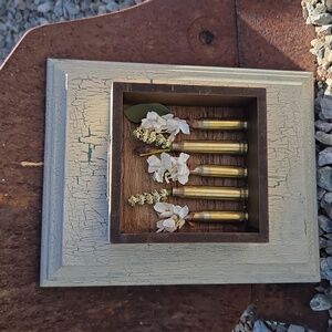 Rustic Green and Cream Painted Shadowbox Wall Art with Brass Bullet Floral Vases